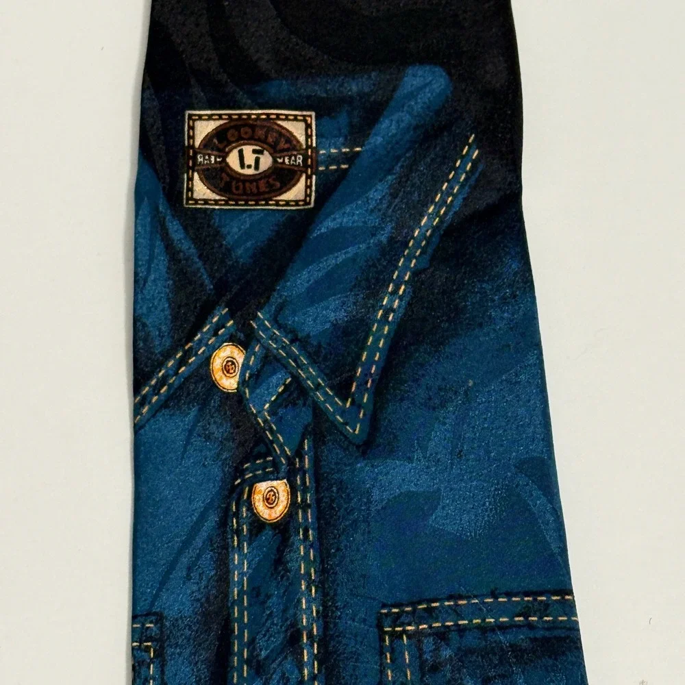 1997 Looney Tunes Denim Shirt Illusion Tie Bugs Bunny Sylvester Taz Daffy Silk